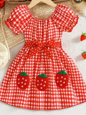Size5/6,Girls,Red &White Gingham Strawberry Embroidered Puff Sleeve Dress